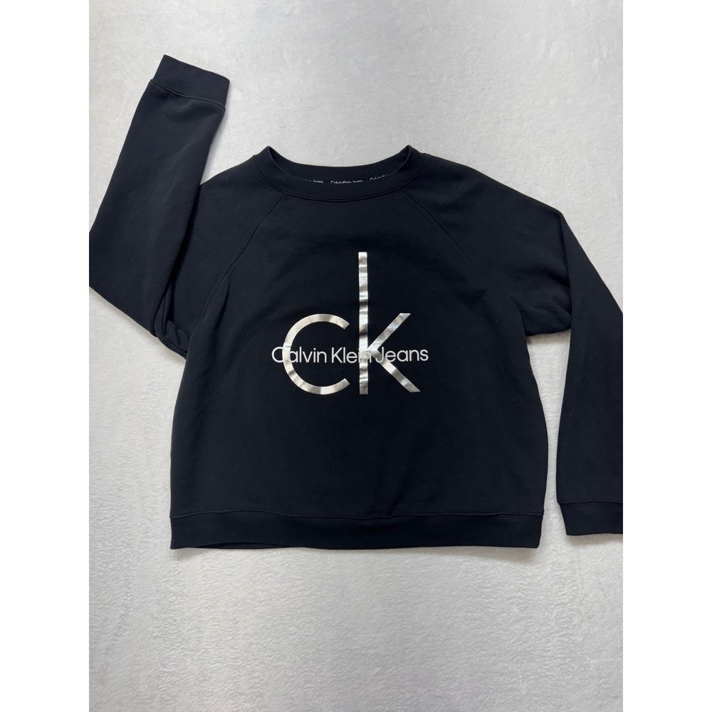 Calvin Klein Jeans Womens Black Silver Metallic Logo Sweatshirt XL Pullover